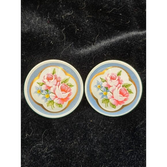 Avon Jewelry - Vintage Avon Round Porcelain Pink Country Rose Post Back Earrings Gold Trim